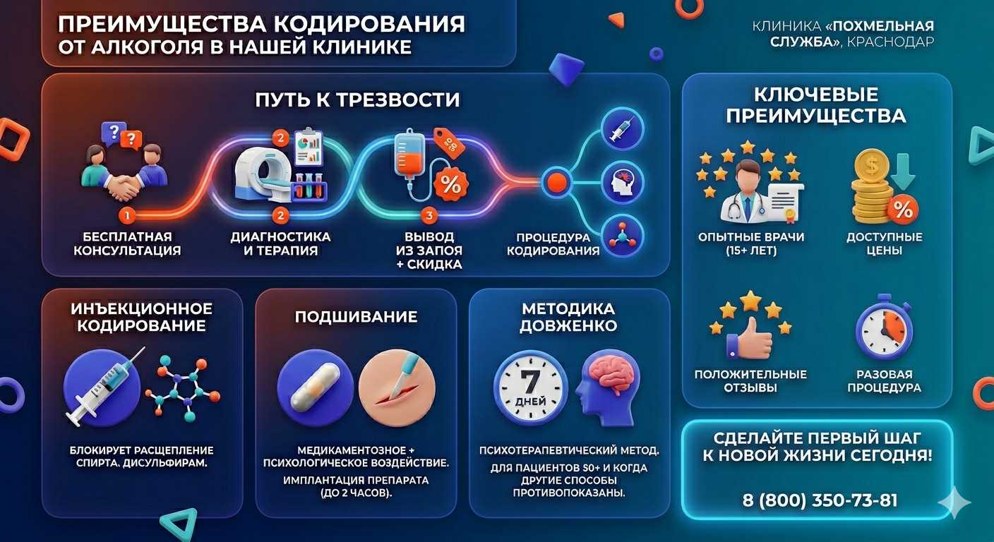 Инфографика о методах кодирования от алкоголя в Месягутово: инъекции, подшивание, метод Довженко. Преимущества клиники и этапы лечения.